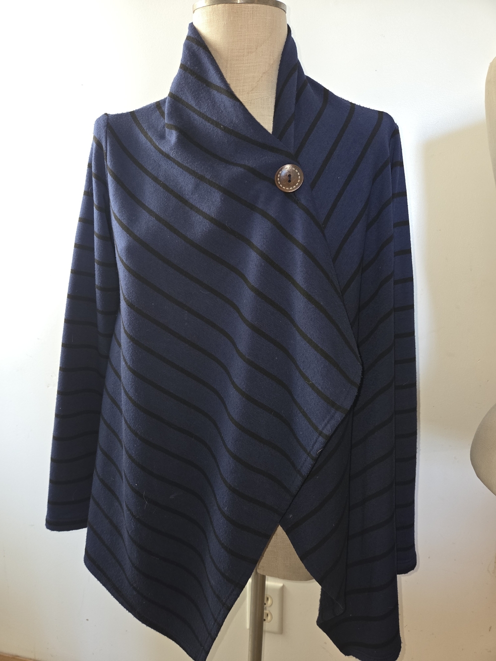 Bobeau Navy Blue Striped Wrap Sweater with Button